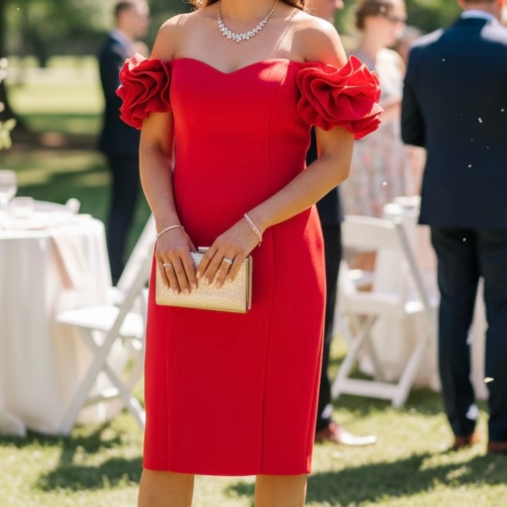 A370  Betsy Adam Red Off-Shoulder Ruffle Sleeve Quiet Luxury Midi Dress Size 12 - Picture 2 of 5